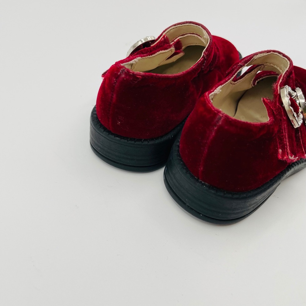 Vtg Sprockets Mary Jane Red Velvet Rhinestone Heart Buckle Baby Girl 4 Coquette - Picture 5 of 6